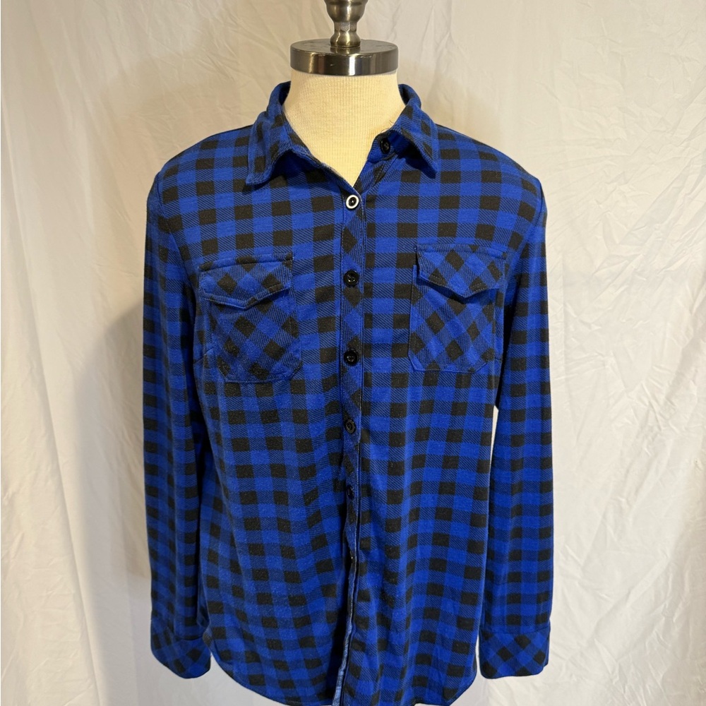 Blue and Black Button Down Shirt with Classic Check Pattern